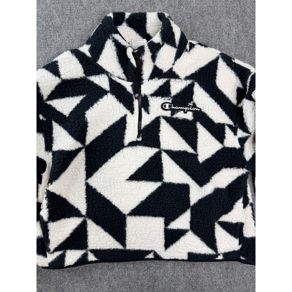 Champion Unisex Sherpa Fleece Quarter Zip Pullover L Black White Geometric